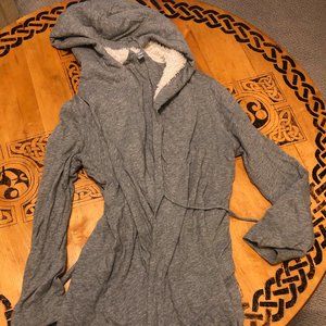 Gray Aerie robe with faux fur white hood